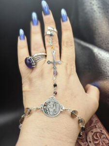 Rosario Santa Muerte in argento 925 e pietre con anello e croce fatto a mano